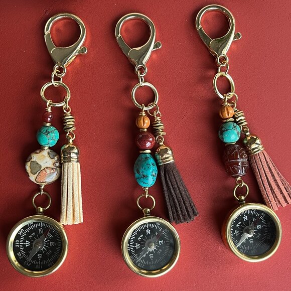Bag Charm with Working Compass, Beads, Tassel, Purse Charm - Picture 3 of 3